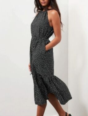 Banana Republic Women's Black White Tiny Polka Dot Haltar Maxi Dress | Medium